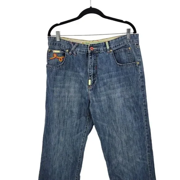 Vintage‎ High Waisted Sea Bead Embroidered Jeans 36 Blue Denim Rainbow Pockets